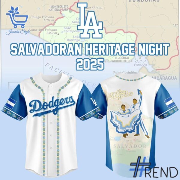 Layered outfit featuring 1 Los Angeles Dodgers Salvadoran Heritage Night 2025 jersey as the key piece