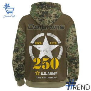 3 Miami Dolphins US Army 250th Birthday Hoodie designed with a clean aesthetic for everyday wear