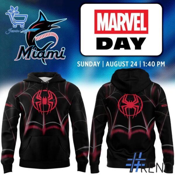 High-quality 1 Miami Marlins Marvel Night Spider Man Miles Morales Hoodie featuring a stylish design for a standout look.