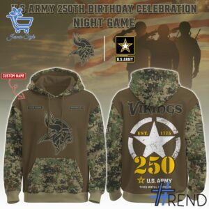 1 Minnesota Vikings US Army 250th Birthday Hoodie featuring a bold design for everyday confidence.