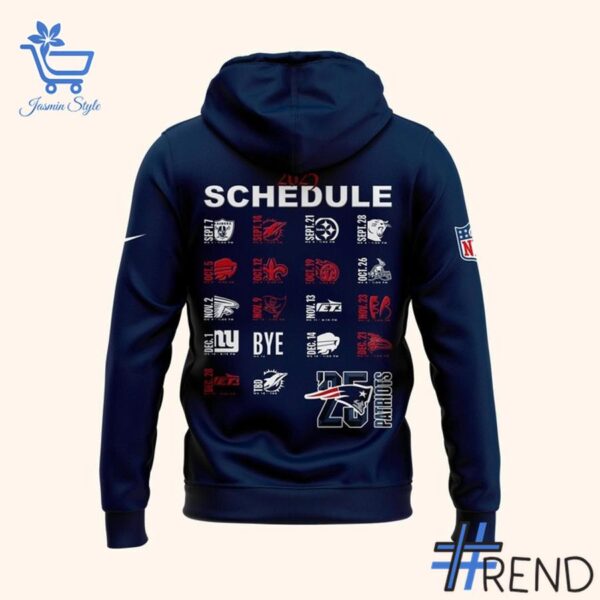 3 New England Patriots 2025 Schedule Hoodie featuring a bold design for everyday confidence.