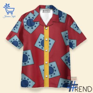 2 One Piece Luffy's Wano Pattern Cosplay Hawaiian Shirt featuring a bold design for everyday confidence.