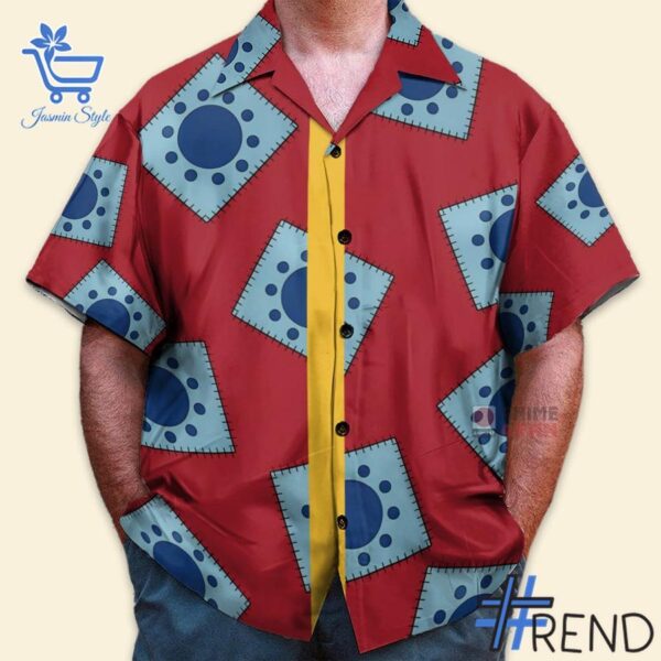 3 One Piece Luffy's Wano Pattern Cosplay Hawaiian Shirt featuring a bold design for everyday confidence.