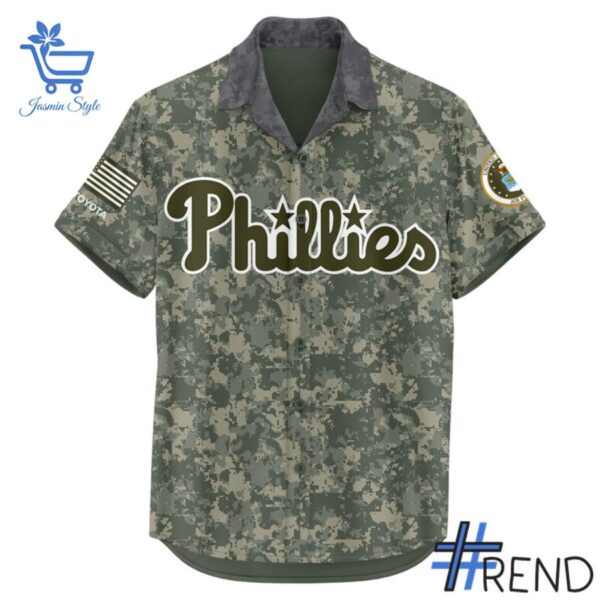 High-quality 2 Philadelphia Phillies Army US Flag Hawaiian Shirt featuring a stylish design for a standout look.