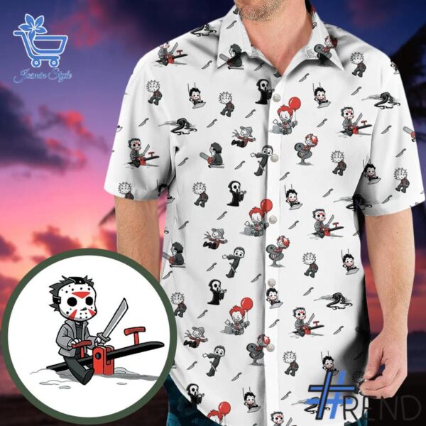 Trendy Baby Horror Characters Halloween Hawaiian Shirt perfect for casual and streetwear outfits.