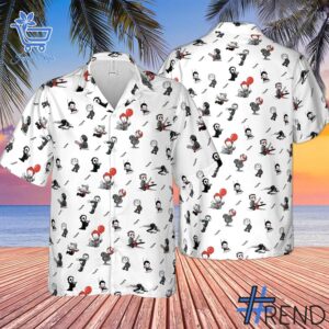 Trendy Baby Horror Characters Halloween Hawaiian Shirt perfect for casual and streetwear outfits.