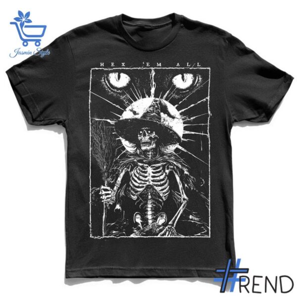 Trendy Cat Witch Skeleton Halloween Shirt perfect for casual and streetwear outfits.