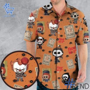 Trendy Chibi Horror Characters Hawaiian Shirt perfect for casual and streetwear outfits.
