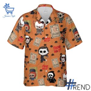 Trendy Chibi Horror Characters Hawaiian Shirt perfect for casual and streetwear outfits.