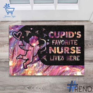The Cupid's Favorite Nurse Lives Here Doormat adds a colorful spark to your wardrobe.