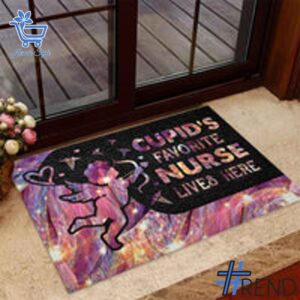The Cupid's Favorite Nurse Lives Here Doormat adds a colorful spark to your wardrobe.