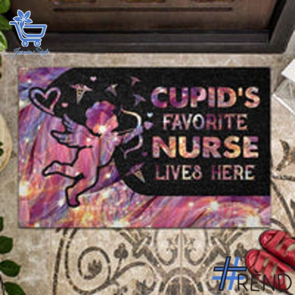 The Cupid's Favorite Nurse Lives Here Doormat adds a colorful spark to your wardrobe.