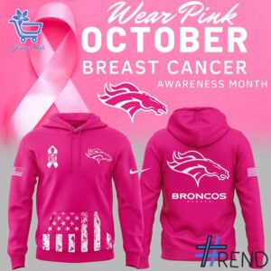 Trendy Denver Broncos Breast Cancer Awareness Hoodie perfect for casual and streetwear outfits.