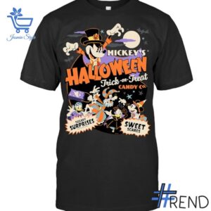 Trendy Disney Mickey Halloween Trick or Treat Candy Shirt perfect for casual and streetwear outfits.