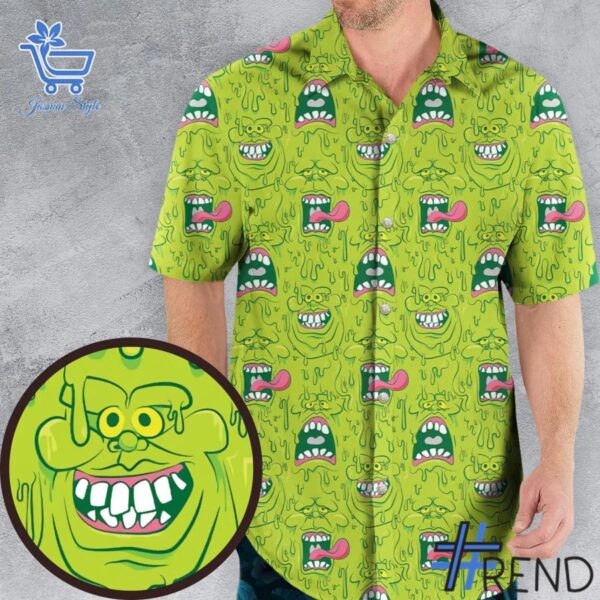 Versatile Face Expression Slimer Ghostbusters Hawaiian Shirt perfect for casual and sporty looks.