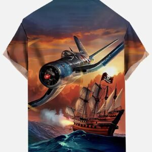 Trendy Fighter Plane vs Pirate Ship Hawaiian Shirt perfect for casual and streetwear outfits.