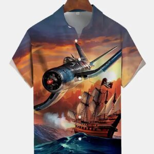 Trendy Fighter Plane vs Pirate Ship Hawaiian Shirt perfect for casual and streetwear outfits.