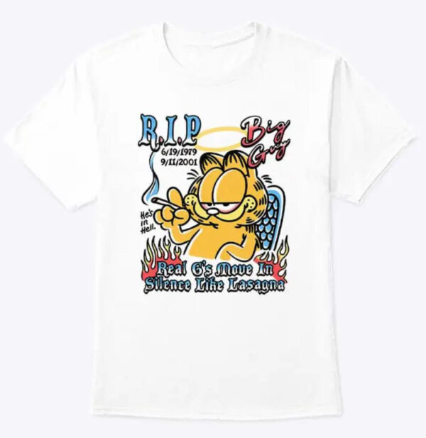 The Garfield Rip Big Guy Real G's Move In Silence Like Lasagna T Shirt is built for bold street style.