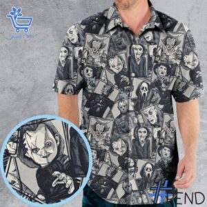 Trendy Halloween Horror Villains Characters Hawaiian Shirt perfect for casual and streetwear outfits.