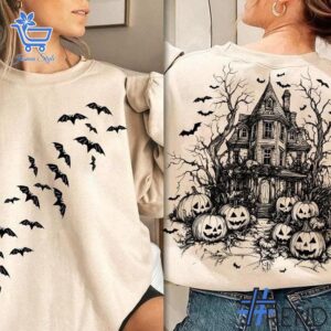 Trendy Halloween House Bat Pumpkin Sweatshirt perfect for casual and streetwear outfits.