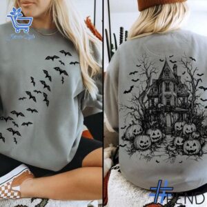 Trendy Halloween House Bat Pumpkin Sweatshirt perfect for casual and streetwear outfits.