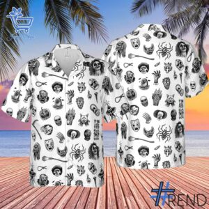 The Horror Characters Beetlejuice Chucky Clown Hawaiian Shirt adds a colorful spark to your wardrobe.