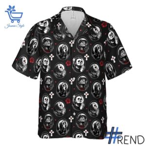 The Horror Movie Characters Saints Hawaiian Shirt adds a colorful spark to your wardrobe.