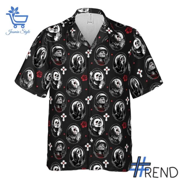 The Horror Movie Characters Saints Hawaiian Shirt adds a colorful spark to your wardrobe.