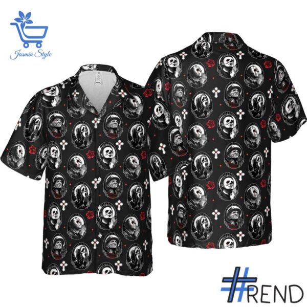 The Horror Movie Characters Saints Hawaiian Shirt adds a colorful spark to your wardrobe.