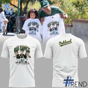 Stylish Oakland Athletics Tim Hudson Mark Mulder Barry Zito Big Three T Shirt designed for all-day comfort.
