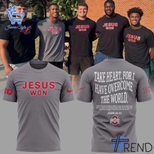 Trendy Ohio State Buckeyes JESUS WON Shirt perfect for casual and streetwear outfits.