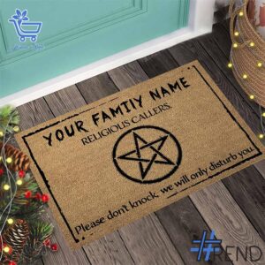 Experience the sleek design of the Religious Callers Witch Personalized Doormat.