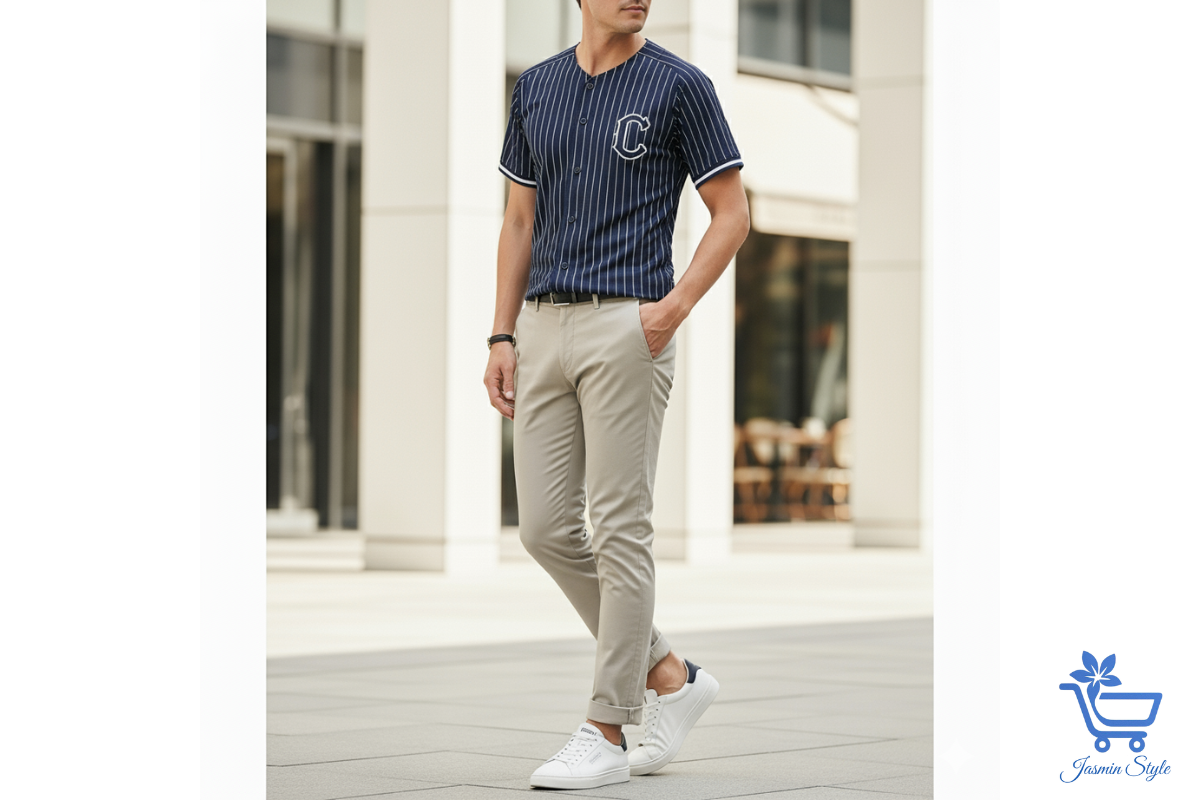 Style a fitted jersey with chinos and clean sneakers for a sharp smart casual look The Style a fitted jersey with chinos and clean sneakers for a sharp smart casual look brings street-ready confidence to everyday outfits.