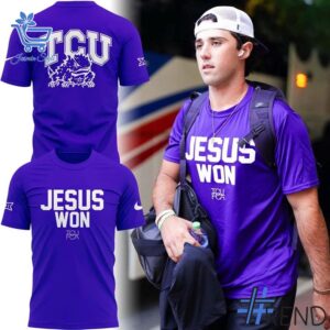 Trendy TCU Horned Frogs Jesus Won Shirt perfect for casual and streetwear outfits.