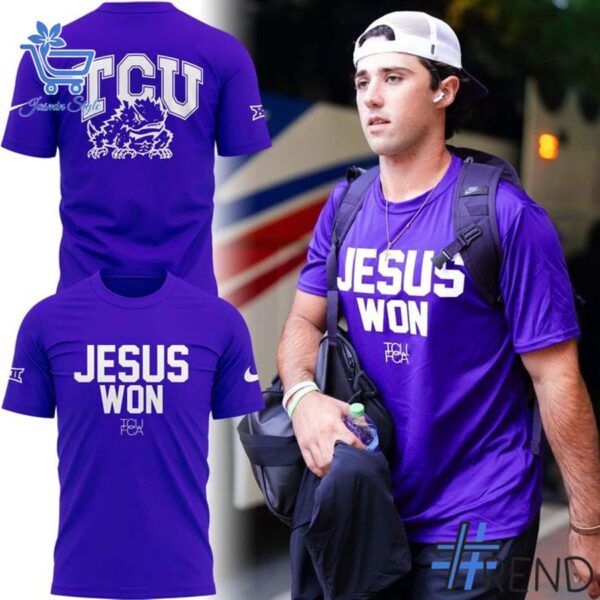 Trendy TCU Horned Frogs Jesus Won Shirt perfect for casual and streetwear outfits.