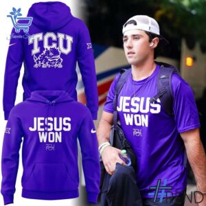 Trendy TCU Horned Frogs Jesus Won Shirt perfect for casual and streetwear outfits.