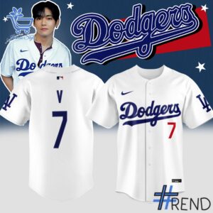 The Tae Hyung V BTS Los Angeles Dodgers Jersey adds a colorful spark to your wardrobe.