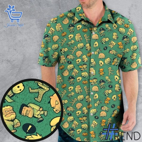 Trendy Terror Attack Cute Horror Characters Halloween Hawaiian Shirt perfect for casual and streetwear outfits.
