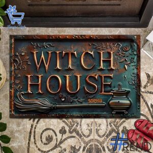 Trendy Witch House Halloween Doormat perfect for casual and streetwear outfits.