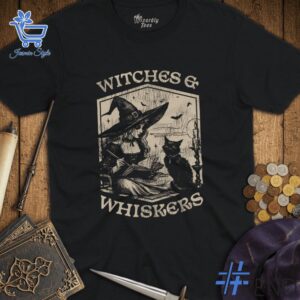 The Witches and Whiskers Halloween Shirt adds a colorful spark to your wardrobe.