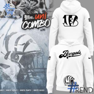 A timeless essential that elevates every outfit: 1 2025 Cincinnati Bengals Wordmark Helmet Logo White Hoodie.