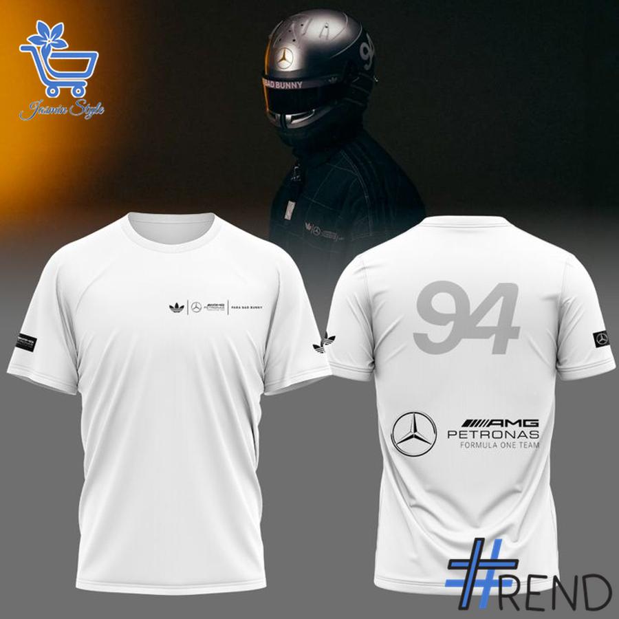 Eye-catching 2 Bad Bunny x Mercedes F1 Racing T Shirt designed to upgrade your everyday outfit.