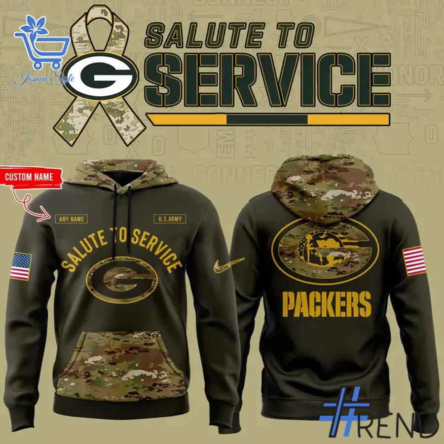 Sleek 1 Camo Green Bay Packers 2025 NFL Salute to Service Hoodie with bold design accents and flawless fit.