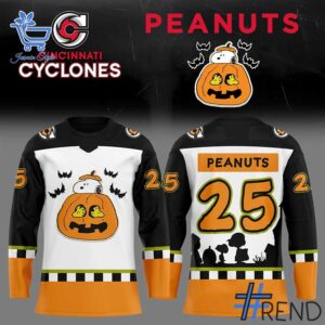 The latest design trend captured perfectly in 1 Cincinnati Cyclones Peanuts Sublimated 25 Hockey Jersey.