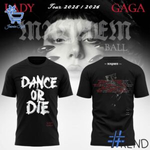 Fresh seasonal style featuring Lady Gaga Dance or Die The Mayhem Ball Tour Tshirt.