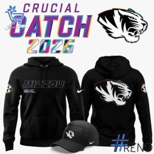 Sleek 1 Missouri Tigers football 2025 Crucial Catch Hoodie that complements both casual and streetwear styles.