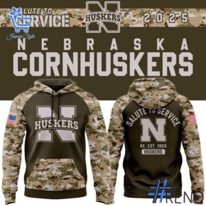 Sleek 1 Nebraska Cornhuskers football Camo 2025 Salute To Service Hoodie that complements both casual and streetwear styles.