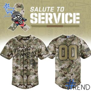 Fresh seasonal style featuring Rocket City Trash Panda Salute to Service Jersey.