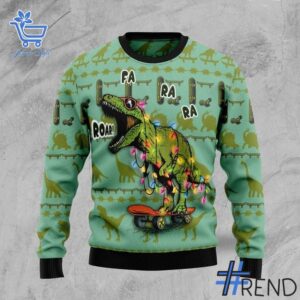 Express your true style with Skateboard Dinosaur Christmas Sweater.