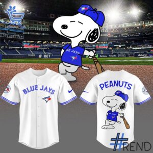 Fresh seasonal style featuring Toronto Blue Jays Peanuts Jersey.